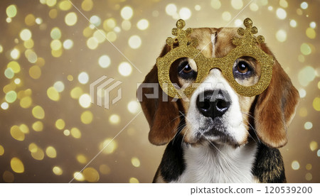 Beagle Dog Wearing Festive Gold Glitter Glasses 120539200