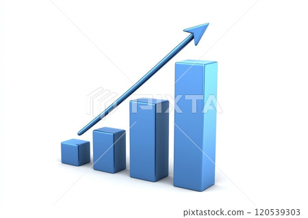Four blue bars in ascending order with a diagonal arrow moving upward, symbolizing growth Four blue bars in ascending order with a diagonal arrow moving upward, symbolizing growth 120539303