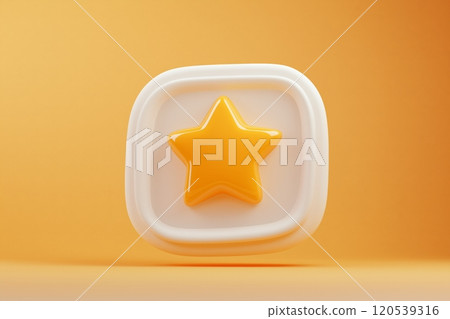 A glossy yellow star sits in the center of a white square icon set against vibrant orange background 120539316