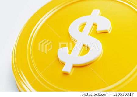 A raised white dollar sign centered on a yellow coin with a glossy finish and smooth, curved edges 120539317