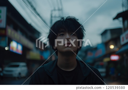 A young man with a pensive look gazes upward on a cloudy day, framed by city streets and buildings 120539380