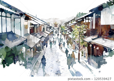 Watercolor painting of an old post town and tourists-1 120539427