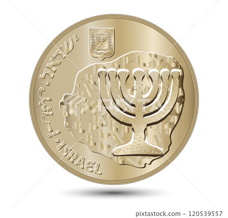 Coin, Israel, 10 Agorot. 1984 to 2017. Lettering: "10 AGOROT". Obverse of Israel ten agorot coin in vector illustration. Coin, Israel, 10 Agorot. 1984 to 2017. Lettering: "10 AGOROT". Obverse of Israel ten agorot coin in vector illustration. 120539557