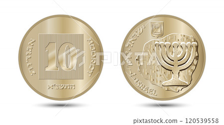 Coin, Israel, 10 Agorot. 1984 to 2017. Lettering: "ISRAEL", "10 AGOROT". Obverse and reverse of Israel ten agorot coin in vector illustration. Coin, Israel, 10 Agorot. 1984 to 2017. Lettering: "ISRAEL", "10 AGOROT". Obverse and reverse of Israel ten agorot coin in vector illustration. 120539558