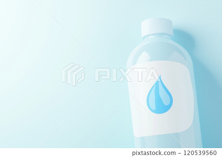Close up of a light blue water bottle with a smooth, glossy finish and a drop symbol on its label Close up of a light blue water bottle with a smooth, glossy finish and a drop symbol on its label 120539560