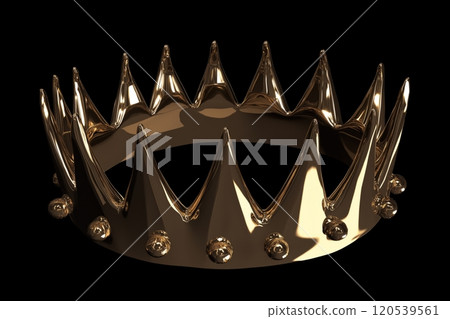 A shiny gold crown with tall, sharp spikes and a smooth, polished surface on a black backdrop 120539561