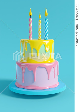 A tiered birthday cake with colorful dripping icing and three lit candles on top 120539562
