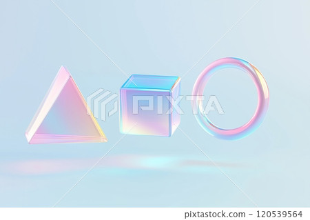 A soft pastel triangle, cube, and ring floating, with glossy, reflective iridescent surfaces 120539564