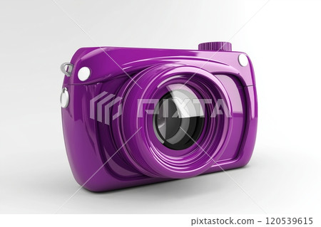 A glossy purple camera with a prominent lens, shown from an angled view in 3D 120539615