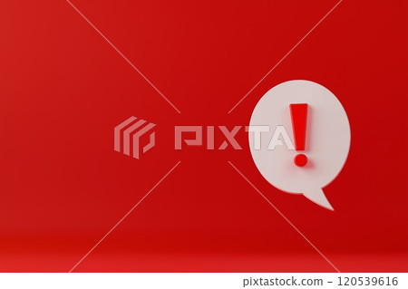 A white 3D speech bubble with a bold red exclamation mark centered on a vibrant red background A white 3D speech bubble with a bold red exclamation mark centered on a vibrant red background 120539616
