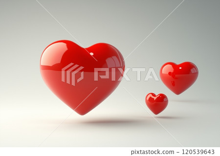 Three glossy red hearts of different sizes floating in mid air, casting soft reflections 120539643