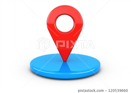 A red location pin icon positioned on a blue platform, creating a sense of precision and direction 120539660