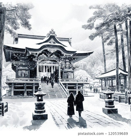 描繪一對夫婦參拜神社的插圖 120539689