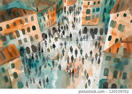 Beautiful cityscape and people watercolor painting-3 120539702