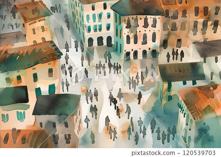 Beautiful cityscape and people watercolor painting-3 120539703