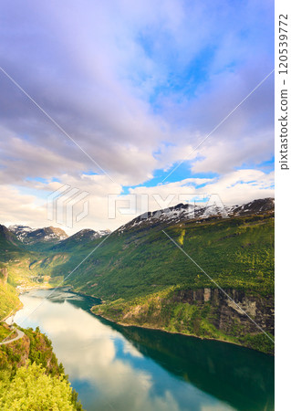 View on Geirangerfjord from Flydasjuvet viewpoint Norway View on Geirangerfjord from Flydasjuvet viewpoint Norway 120539772