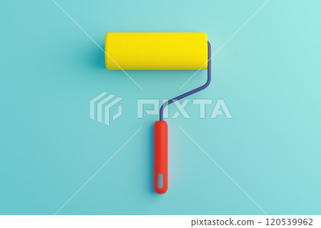 A vibrant yellow paint roller with a red handle, set against a flat blue background, isolated 120539962