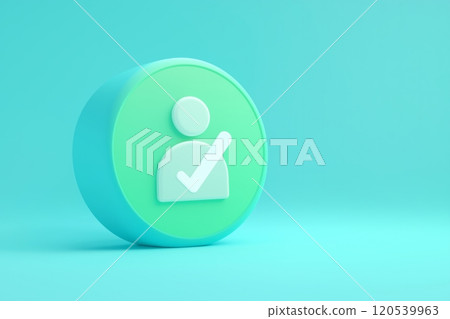 A green circular user icon with a check mark, featuring a glossy, minimalistic design 120539963