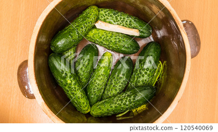 Making pickled cucumbers in clay jar 120540069