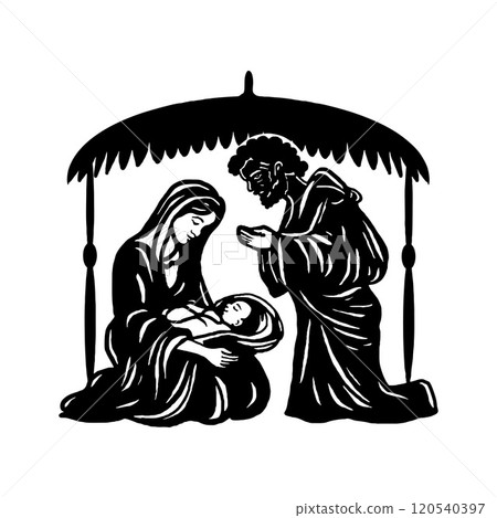 Holy Night silhouette - Nativity scene of baby Jesus silhouette in a manger with Mary and Joseph with the three wise men. Christian Christmas silhouette of animals. Illustration for children. 120540397