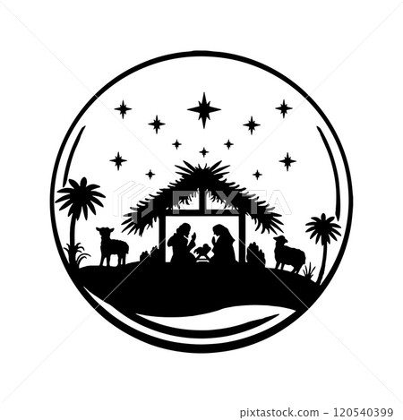 Holy Night silhouette - Nativity scene of baby Jesus silhouette in a manger with Mary and Joseph with the three wise men. Christian Christmas silhouette of animals. Illustration for children. Holy Night silhouette - Nativity scene of baby Jesus silhouette in a manger with Mary and Joseph with the three wise men. Christian Christmas silhouette of animals. Illustration for children. 120540399