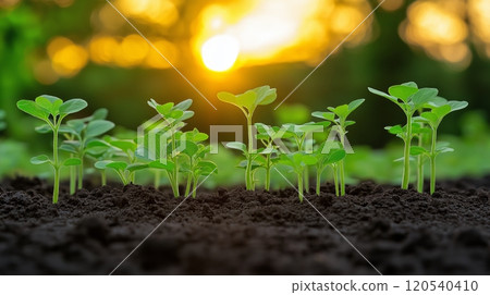 Tender green seedlings rise from rich soil, neatly arranged in rows with sunlight filtering through Tender green seedlings rise from rich soil, neatly arranged in rows with sunlight filtering through 120540410