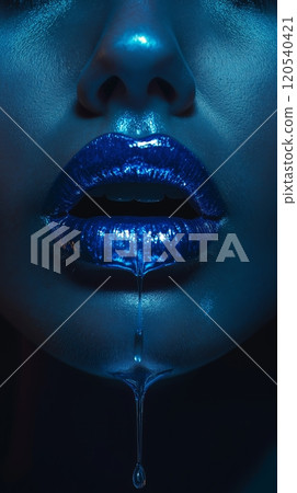 Shiny blue lips with dripping water, highlighted under dramatic lighting, creating a sleek look 120540421
