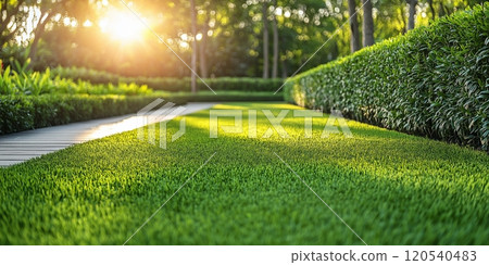 A bright green lawn with a path and hedge, basking in the soft glow of sunlight filtering through trees 120540483