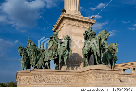 Budapest, Hungary. August 27, 2022. Spectacular shot in Heroes' Square, detail of the equestrian statues. Beautiful summer day. Travel destinations. Budapest, Hungary. August 27, 2022. Spectacular shot in Heroes' Square, detail of the equestrian statues. Beautiful summer day. Travel destinations. 120540848