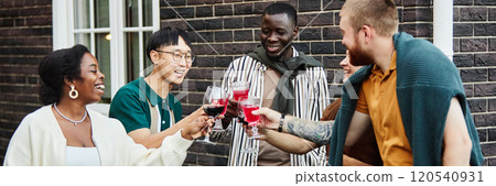 Multiethnic group of cheerful adult friends clinking glasses outdoors celebrating holidays at house party 120540931
