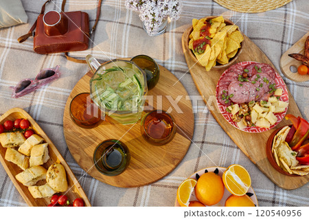 Assorted food and drinks arranged on a picnic blanket. Camera, sunglasses and other items are also present, signifying an outdoor dining experience 120540956