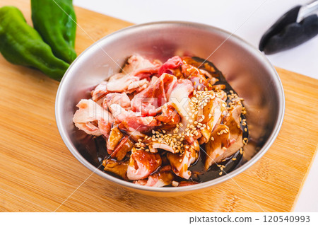 Raw lamb marinated in seasonings 120540993