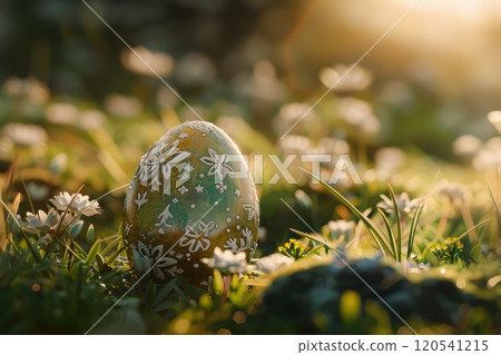 Beautifully Decorated Easter Egg on Green Grass with Wildflowers in Warm Natural Light 120541215