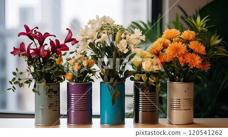 A Row of Flowers in Vintage Cans 120541262
