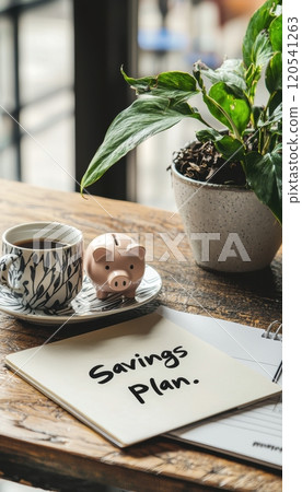 Savings Plan Concept: Piggy Bank, Coffee, and Notepad on Modern Office Desk 120541263
