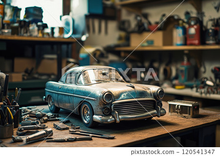 Vintage Car Piggy Bank on Garage Workbench for Restoration Savings Concept 120541347