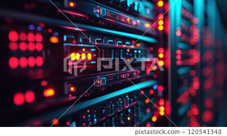 Close-Up of Illuminated Server Rack in Data Center Technology and Innovation Design 120541348