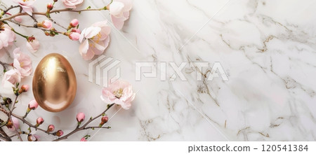 Elegant Easter Banner with Golden Egg and Pastel Cherry Blossoms on Marble Surface 120541384