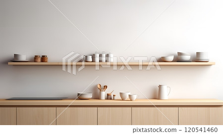 Minimalist Kitchen with Wooden Cabinets and Shelving 120541460