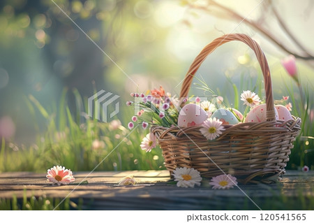 Pastel Easter Eggs in Wicker Basket with Fresh Flowers on Garden Picnic Table 120541565