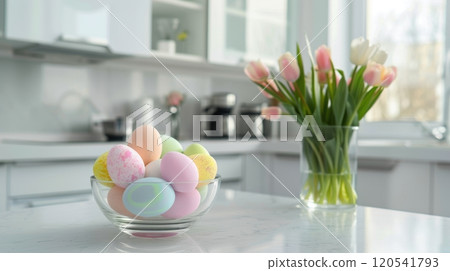 Minimalist Easter Kitchen Design with Pastel Eggs and Tulips for Spring Decor Inspiration 120541793