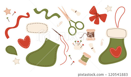 Hobby handmade sewing Christmas stocking fabric toy. Retro vintage Xmas boot crafting, materials and tools Vector illustration. Isolated elements on white in flat style. Hobby handmade sewing Christmas stocking fabric toy. Retro vintage Xmas boot crafting, materials and tools Vector illustration. Isolated elements on white in flat style. 120541883