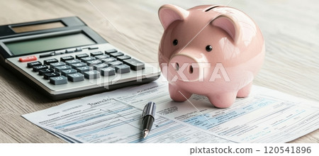 Financial Planning: Piggy Bank with Tax Forms, Calculator, and Pen for Budgeting and Savings 120541896