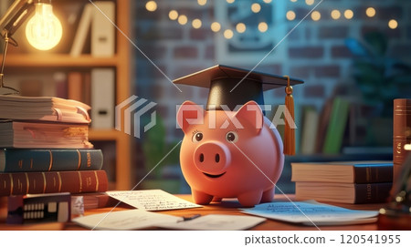 Saving for College: Piggy Bank with Graduation Cap and Acceptance Letters in Study Room 120541955