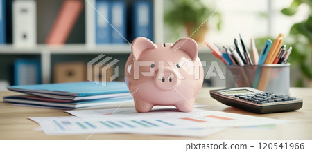 Financial Planning: Piggy Bank and Calculator in Professional Office Setting for Investment Strategies 120541966