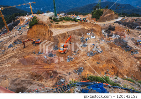 construction site with excavators digging pit for foundation of building under construction construction site with excavators digging pit for foundation of building under construction 120542152
