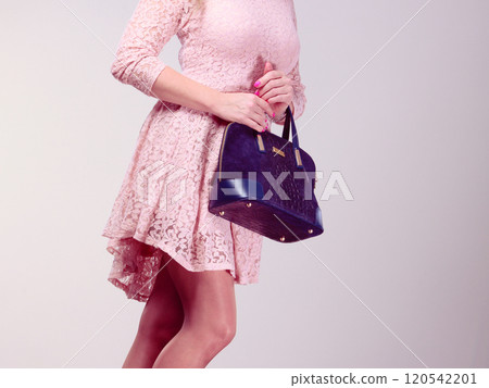 Part body woman in dress with bag. 120542201