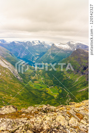 View on Geirangerfjord from Dalsnibba viewpoint in Norway View on Geirangerfjord from Dalsnibba viewpoint in Norway 120542327