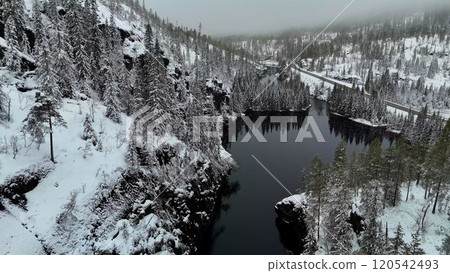 Drone Flight Over Northern Norways Snow-Covered Trees and Winter Fairy Tale  120542493