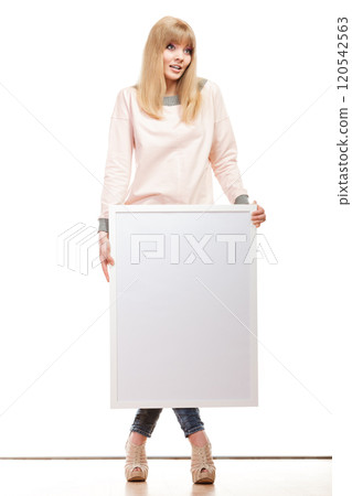 woman holding blank presentation board woman holding blank presentation board 120542563